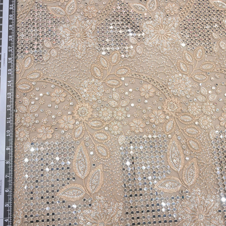 Champagne Beige Imported Net Fabric with Mirror, Sequins & Cutwork Embroidery