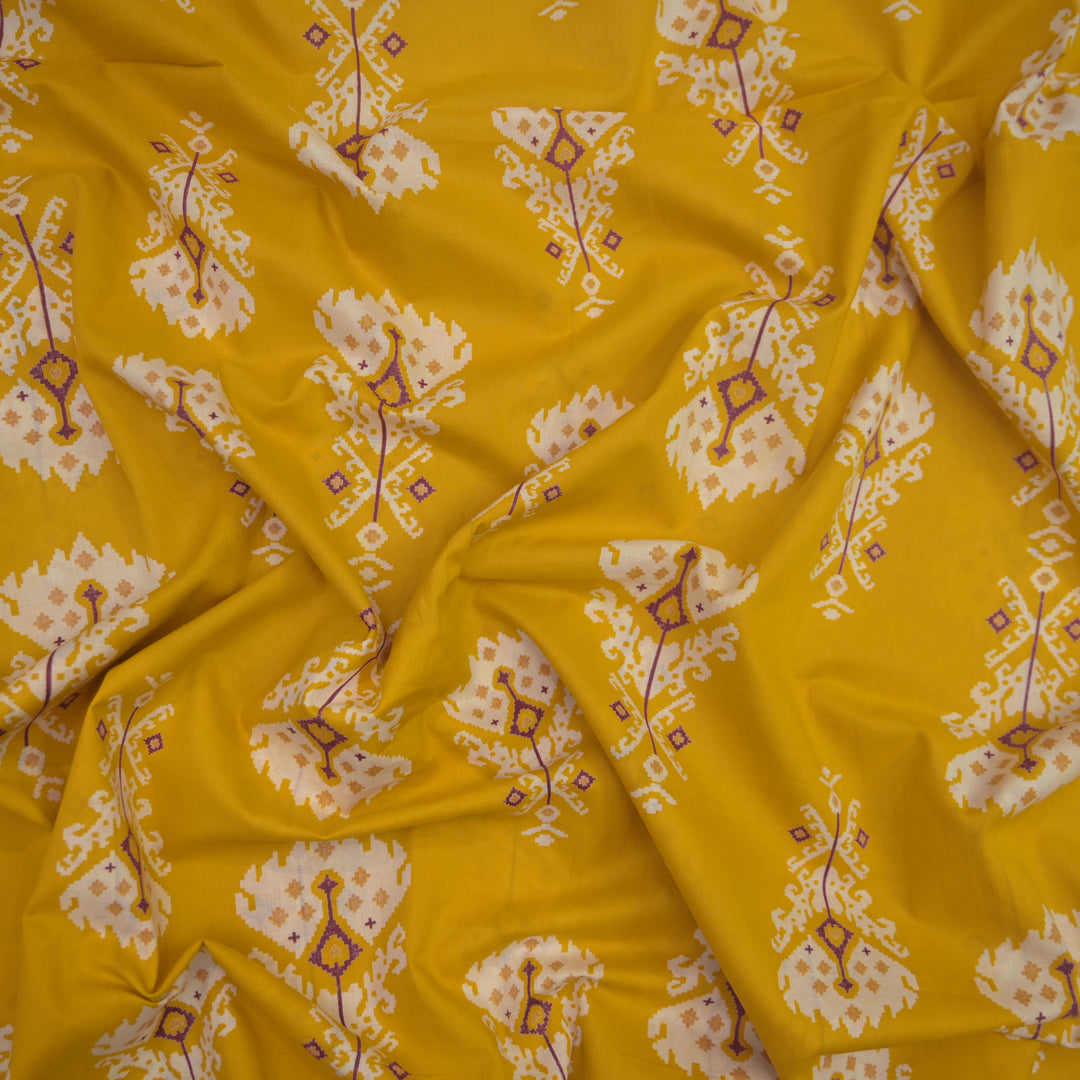 Mustard Yellow Cotton Fabric in Traditional Print