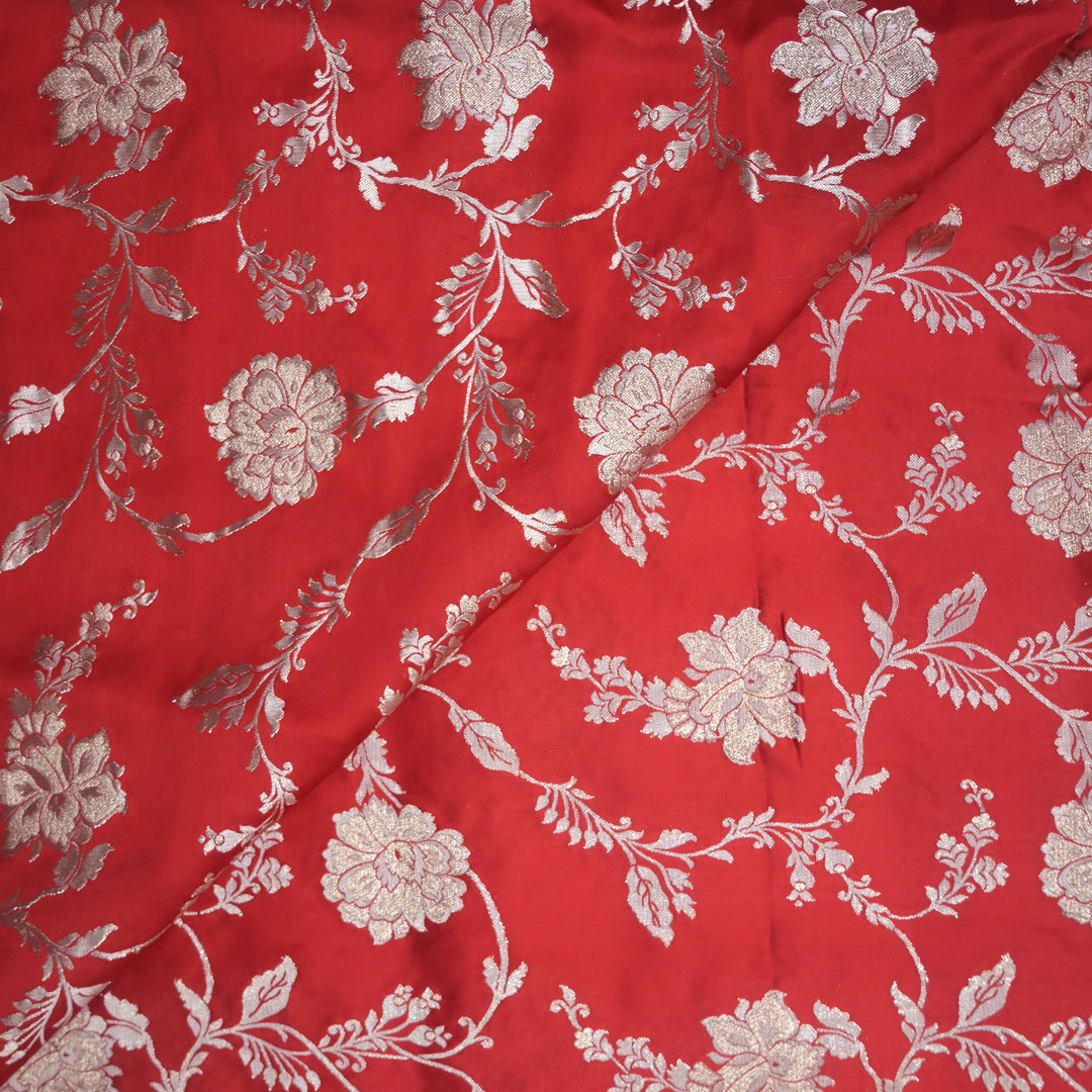 Scarlet Red Satin Brocade with allover Zaal Embroidery