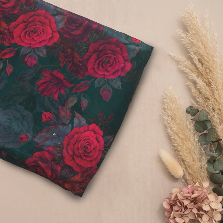 Dark Green Floral Printed Crepe Fabric | 30-2691G