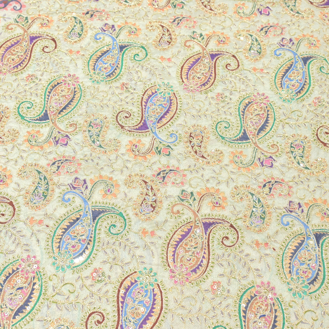 Viscose Chinon Position Print with Zari & Sequins Embroidery