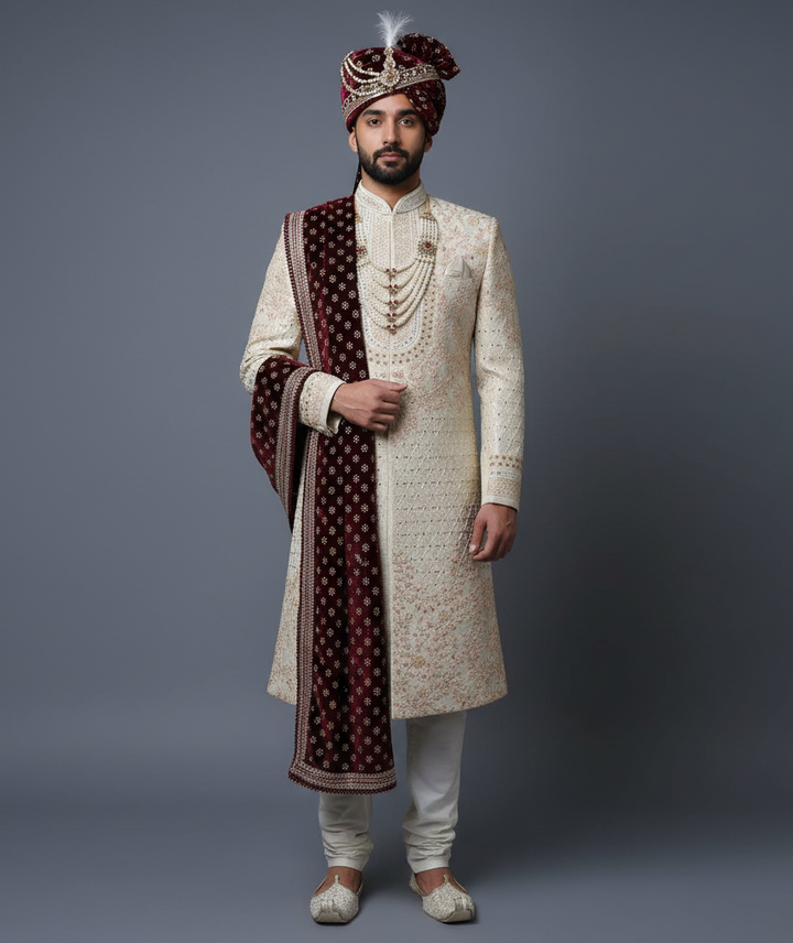 Rose Pink Sherwani Set with Golden Zari & Sequins Work | Premium Wedding & Designer Groom wear