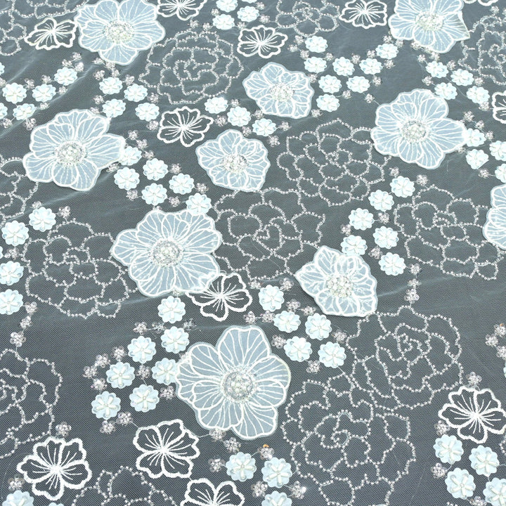 Cut dana and sequin heavy embroidered fabric with 3D flower on imported net