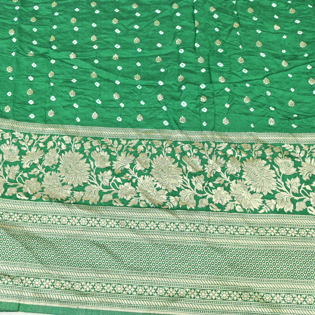 Exclusive Heavy Zari Botti Work And Premium Border Hand Work On Pure Silk Bandhani Fabric