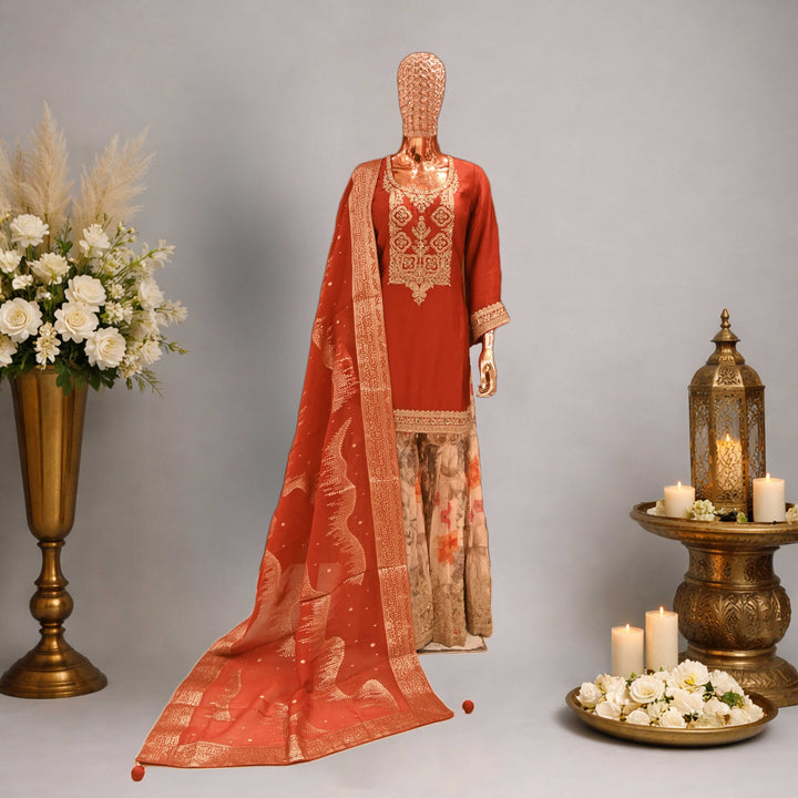Red-Beige Sharara Suit