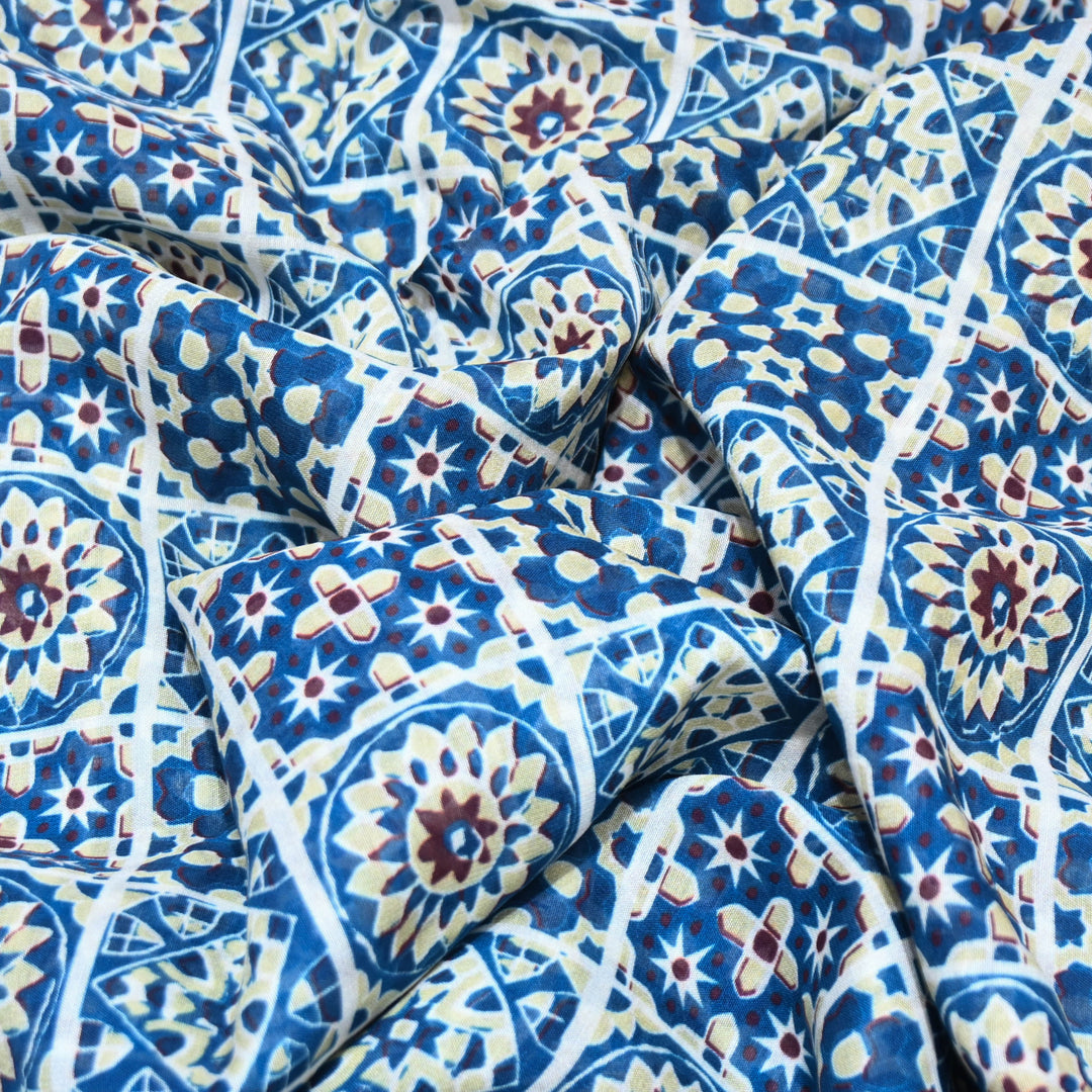 Blue Mosiac Floral Print Muslin Fabric