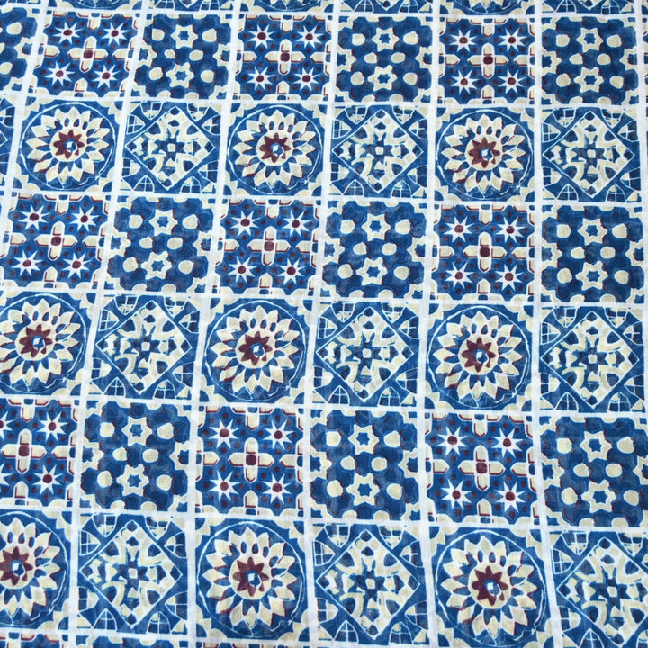 Blue Mosiac Floral Print Muslin Fabric