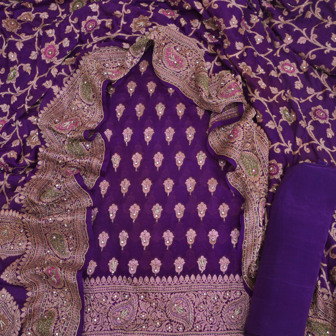 Purple Zari Embroidery Unstitched Suit Set