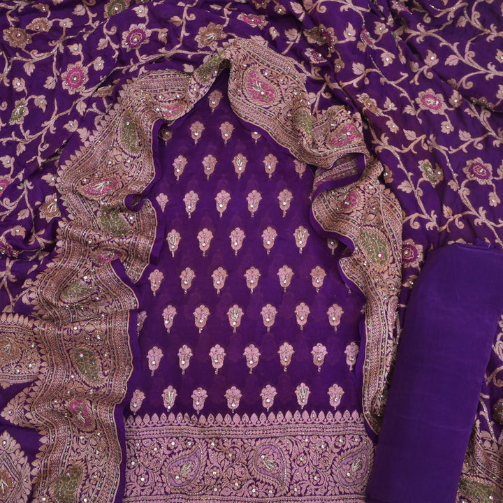 Purple Zari Embroidery Unstitched Suit Set
