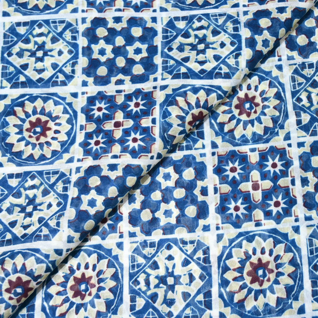 Blue Mosiac Floral Print Muslin Fabric