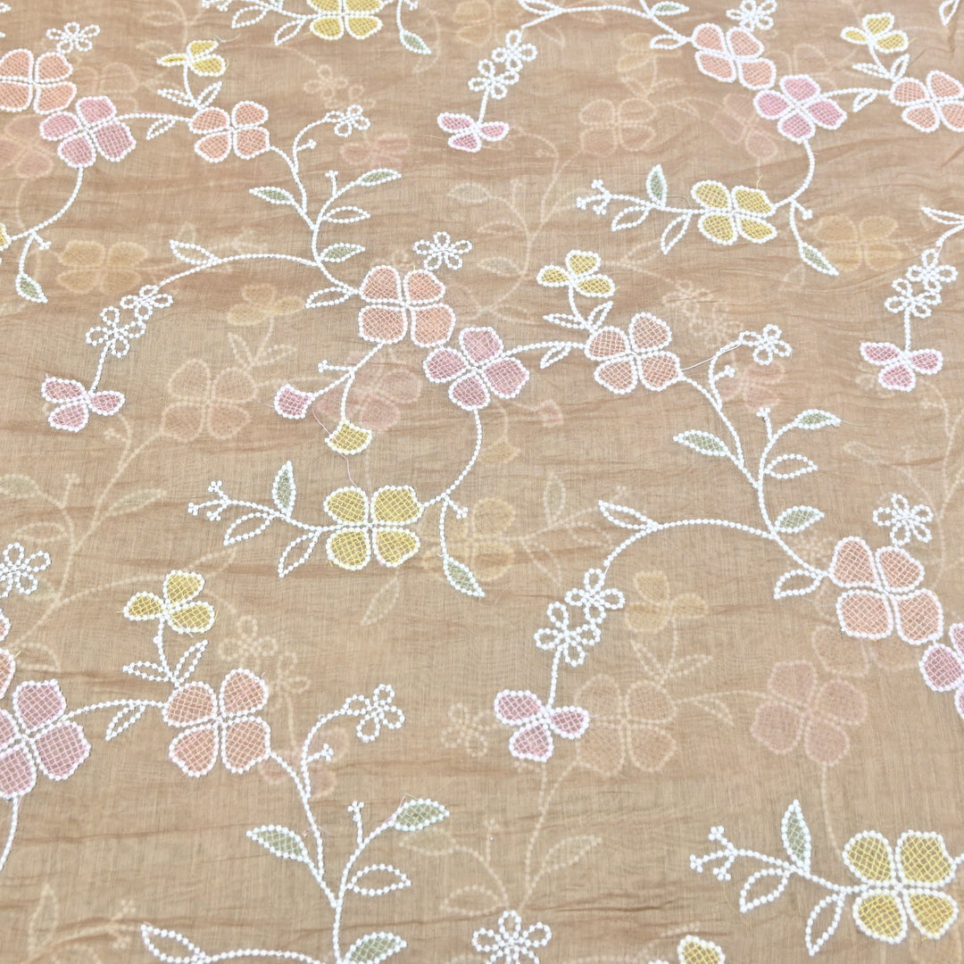 Sand Beige Premium Dyed Mul Chanderi With Thread Embroidery Fabric