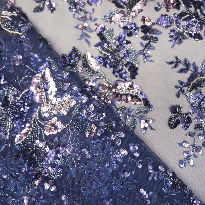 Dark Blue Net Fabric with allover Cutdana, Sequins Embroidery
