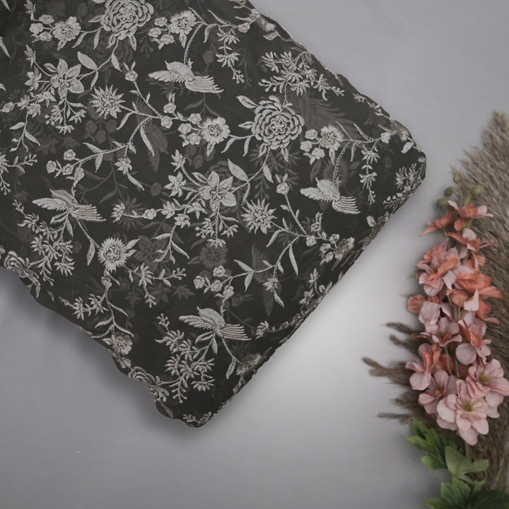 Black (Jet Black) Georgette with White Thread Embroidery | GGT-7587