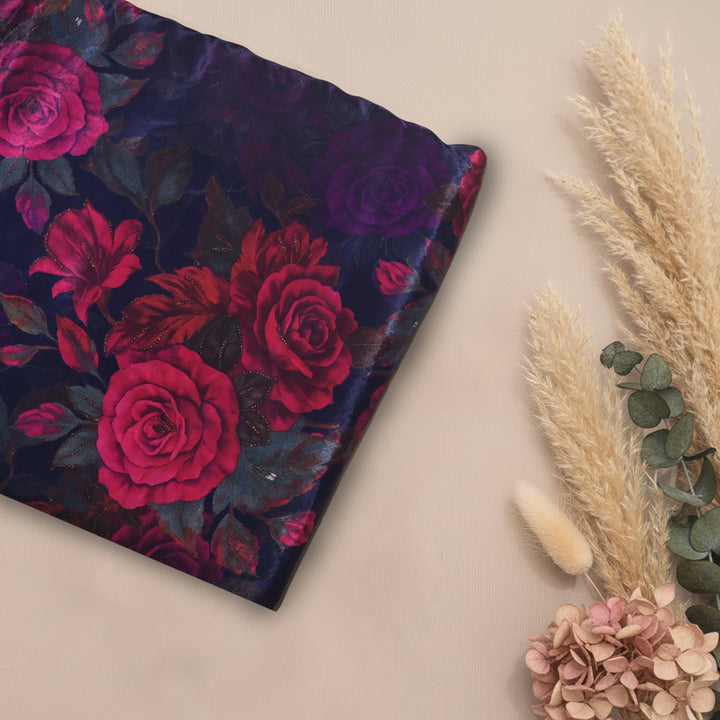 Navy Blue Floral Printed Crepe Fabric | 30-2691NB