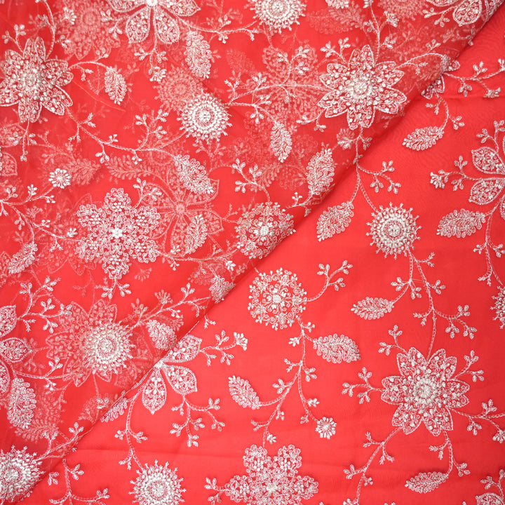 Red Pure Organza Fabric with Threadwork Embroidery