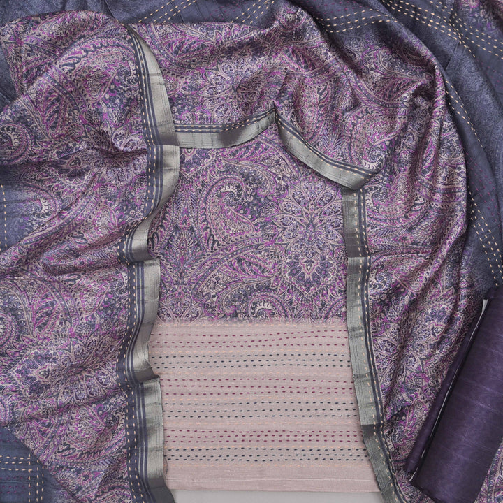 Midnight Lavender Faux Tussar Silk Unstitched Suit Set