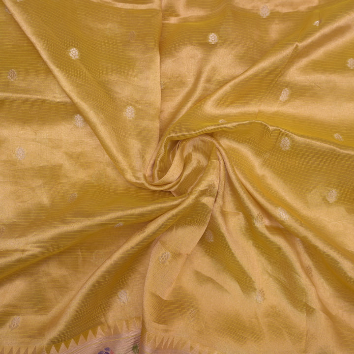 Yellow Brocade Tissue Fabric with Threadwork Embroidery