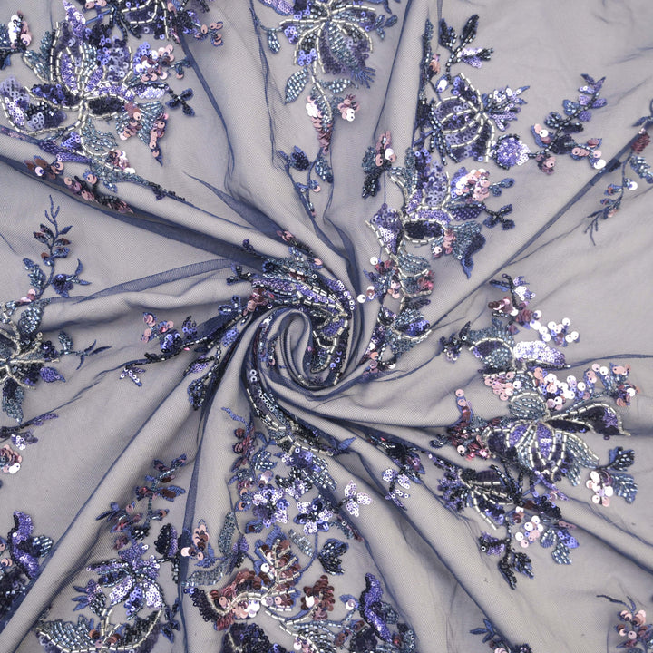 Dark Blue Net Fabric with allover Cutdana, Sequins Embroidery