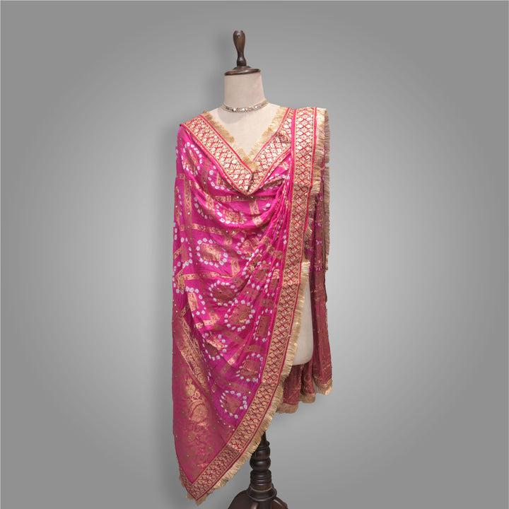Rani Pink Bridal Net Dupatta with Bandhej Embroidery