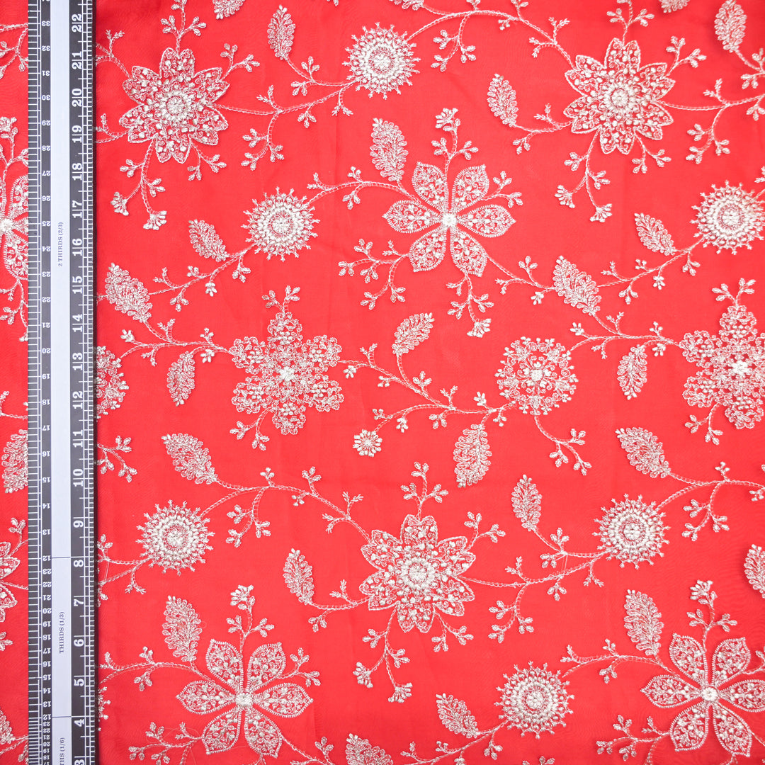 Red Pure Organza Fabric with Threadwork Embroidery