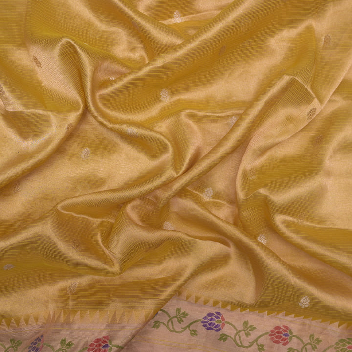 Yellow Brocade Tissue Fabric with Threadwork Embroidery
