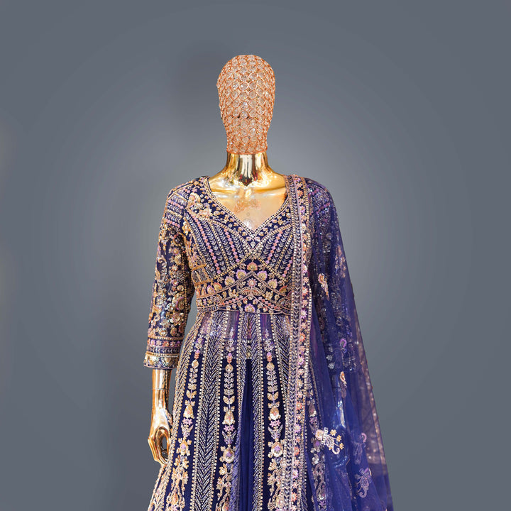 Royal Indigo Farshi Lehenga Set with Heavy Zari, Cutdana and Hand Embroidery
