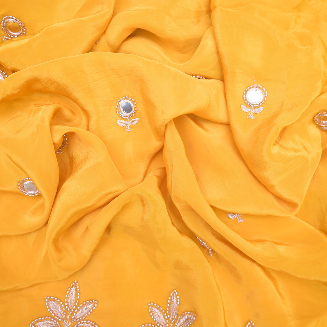 Yellow Crepe Fabric with Zari & Mirrorwork Embroidery