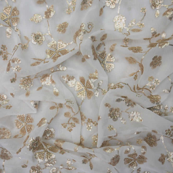 White Georgette Dyeable Fabric with allover Zari & Sequins Embroidery