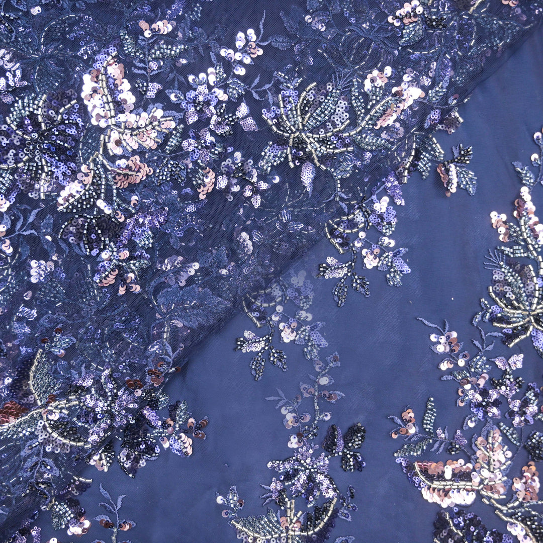Dark Blue Net Fabric with allover Cutdana, Sequins Embroidery