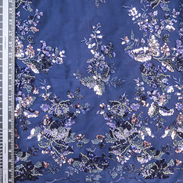 Dark Blue Net Fabric with allover Cutdana, Sequins Embroidery