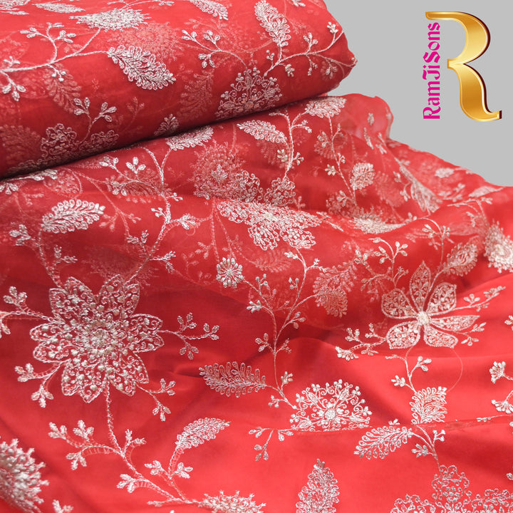 Red Pure Organza Fabric with Threadwork Embroidery