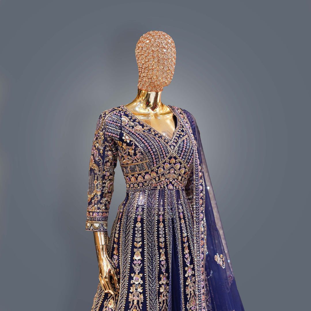 Royal Indigo Farshi Lehenga Set with Heavy Zari, Cutdana and Hand Embroidery