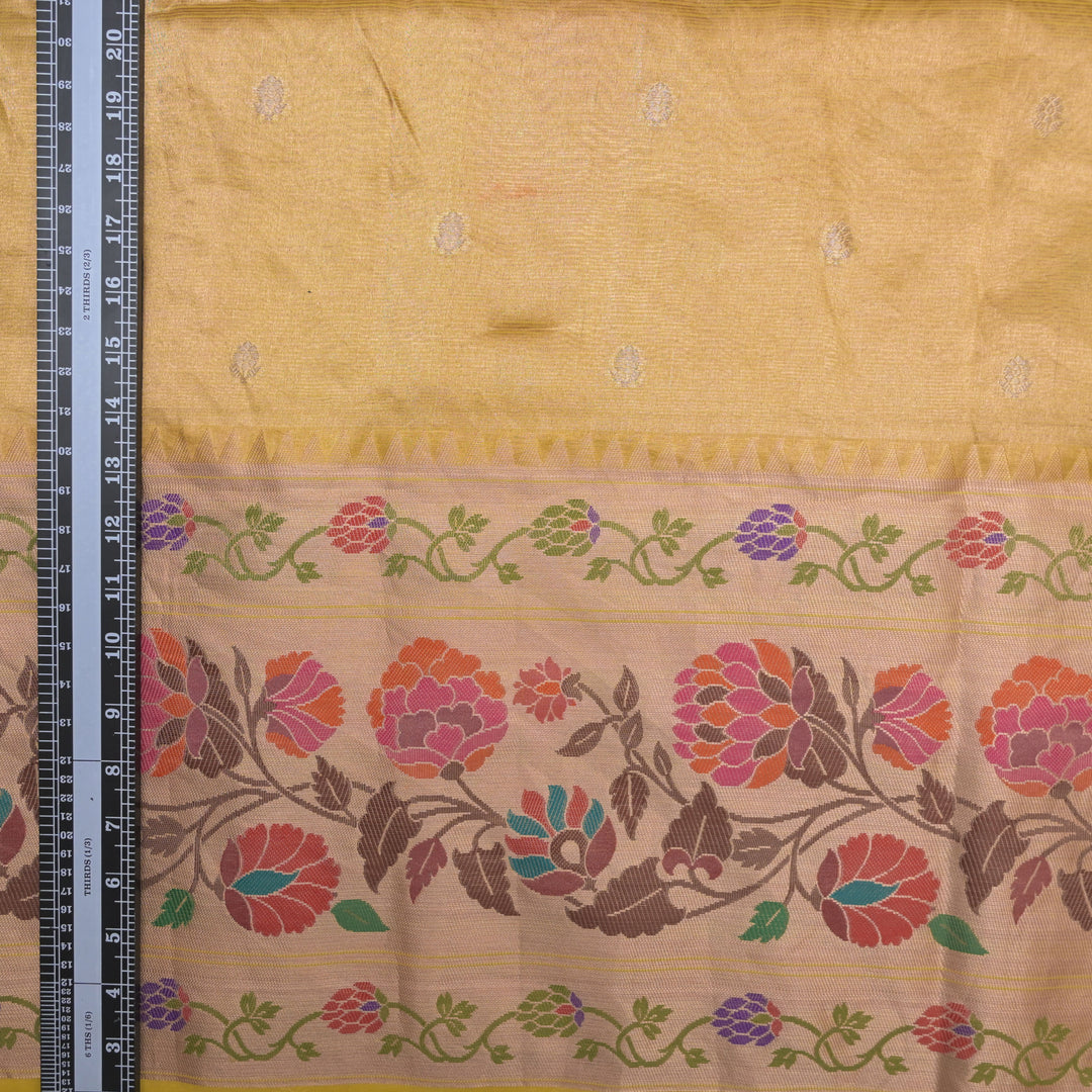 Yellow Brocade Tissue Fabric with Threadwork Embroidery