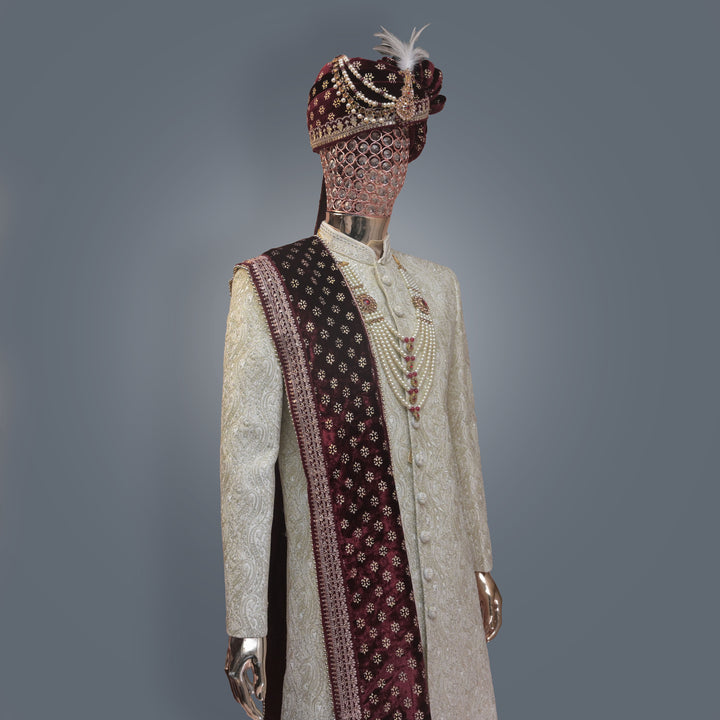 Pure White Sherwani Set with allover Zari & Sequins Work | Premium Wedding Wear