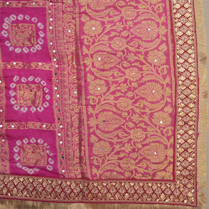 Rani Pink Bridal Net Dupatta with Bandhej Embroidery
