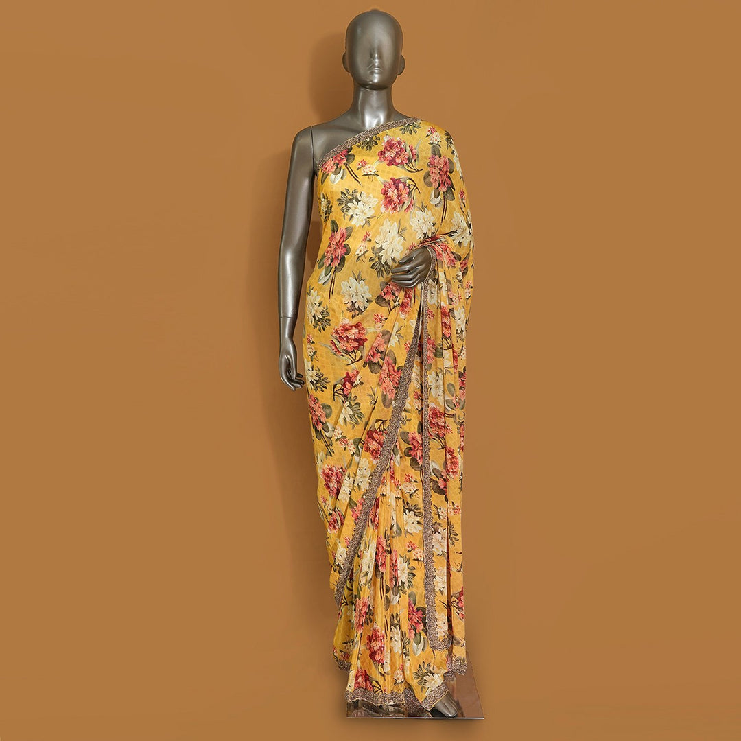 Yellow Colour Chinon Crepe Digital Print With Cut Dana Hand Work Sarees