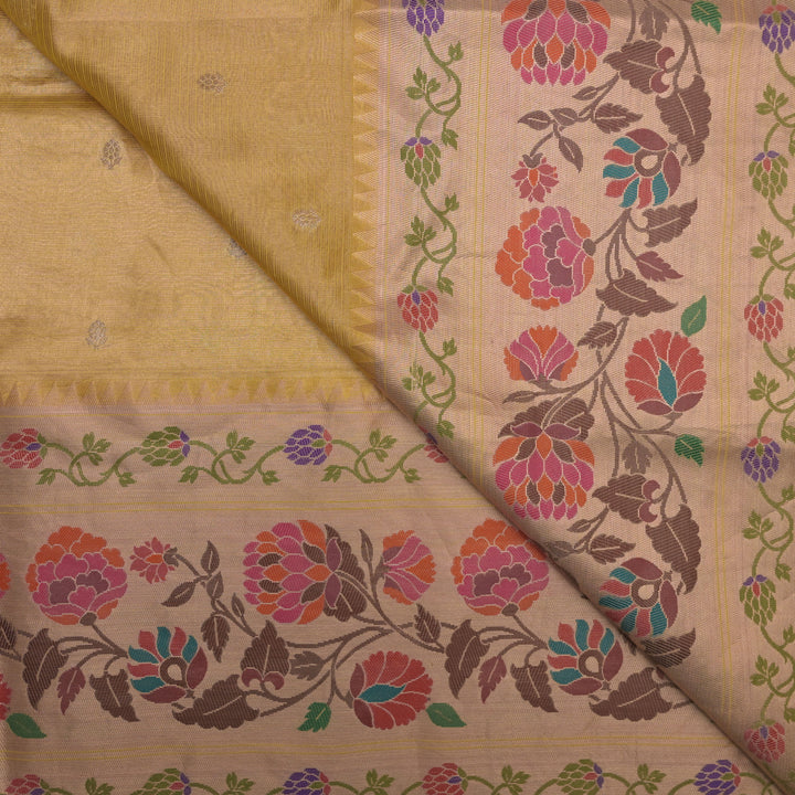 Yellow Brocade Tissue Fabric with Threadwork Embroidery