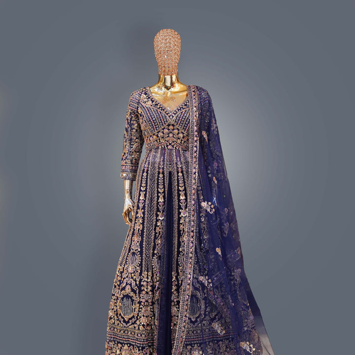 Royal Indigo Farshi Lehenga Set with Heavy Zari, Cutdana and Hand Embroidery