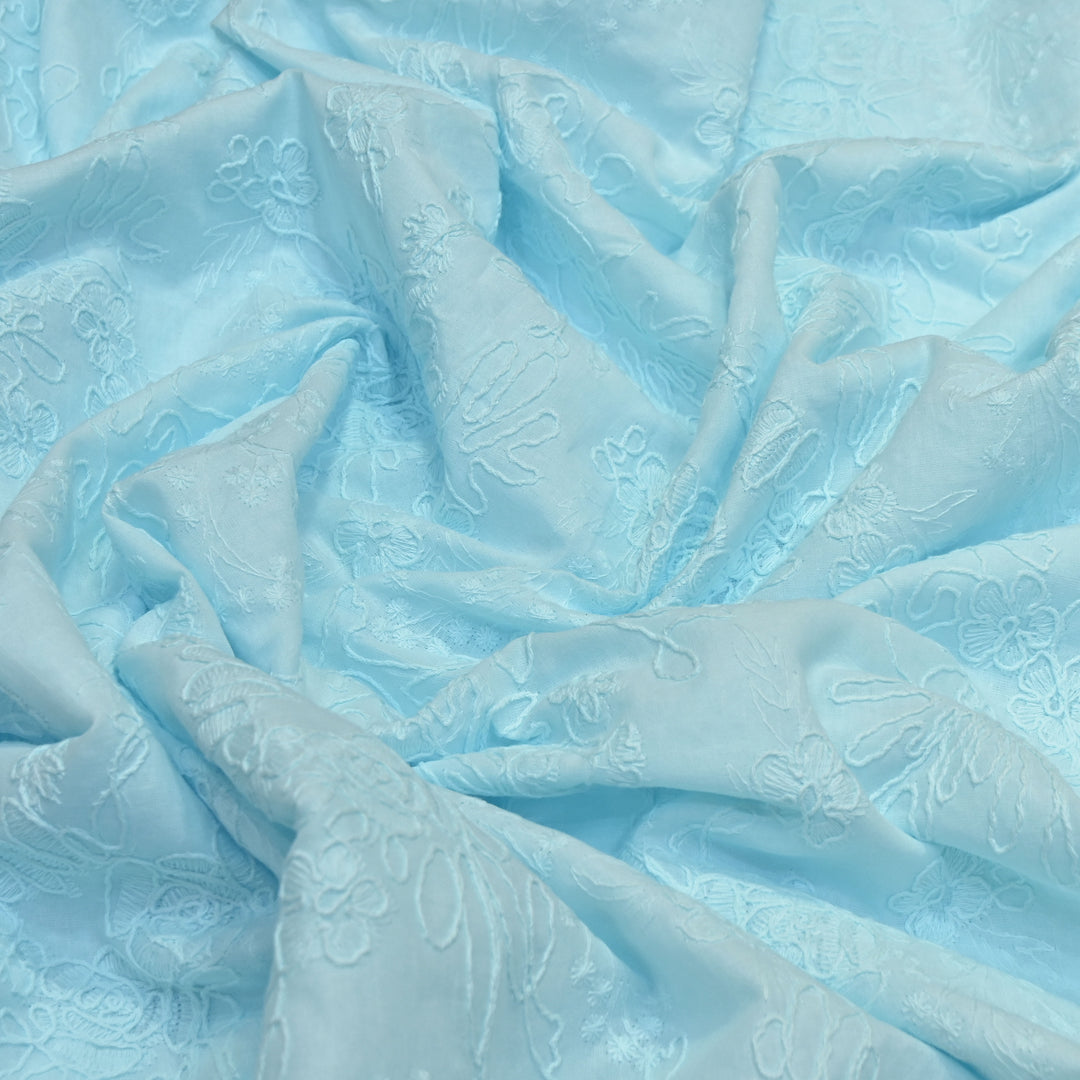 Sky Blue Color Cotton Floral Thread Embroidery Fabric – Soft Designer Embroidered Cotton Fabric 0AT112-2