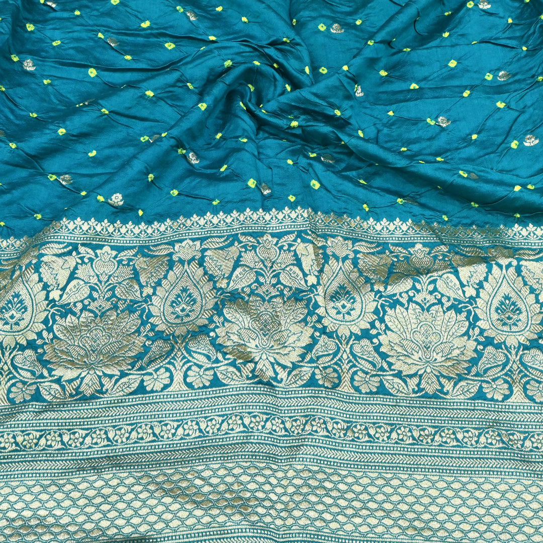 Exclusive Heavy Zari Botti Work And Premium Border Hand Work On Pure Silk Bandhani Fabric