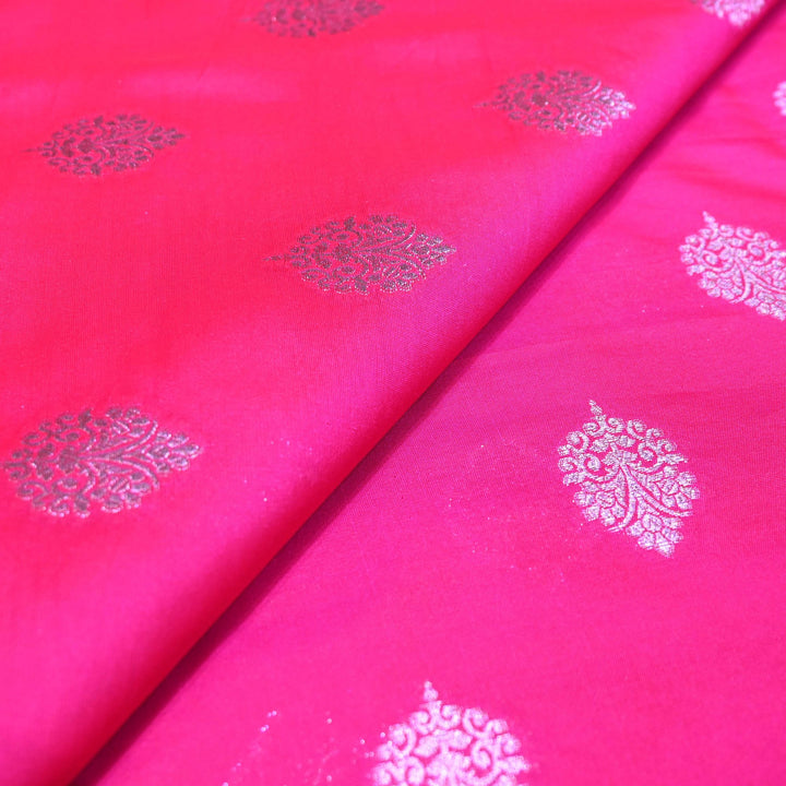 Neon Pink Color Katan Silk Zari Buti Brocade Fabric