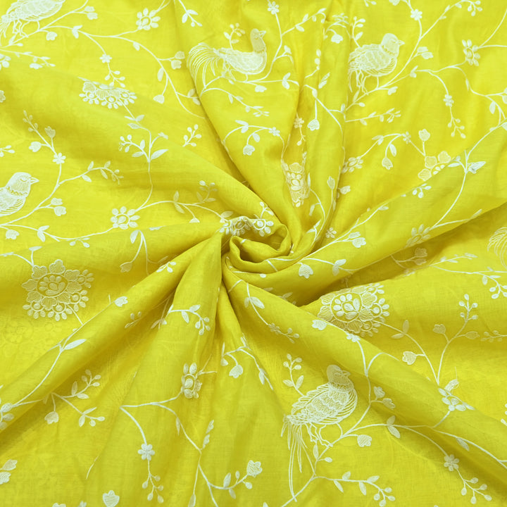 LIME YELLOW COLOR MUL CHANDERI THREAD EMBROIDERY FABRIC GP4120-5