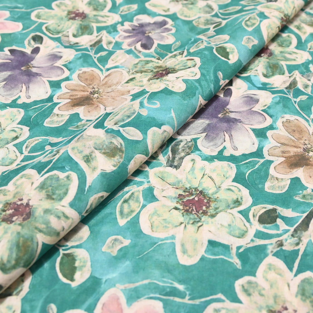 Aqua Blue Floral Italian Lawn Print Fabric