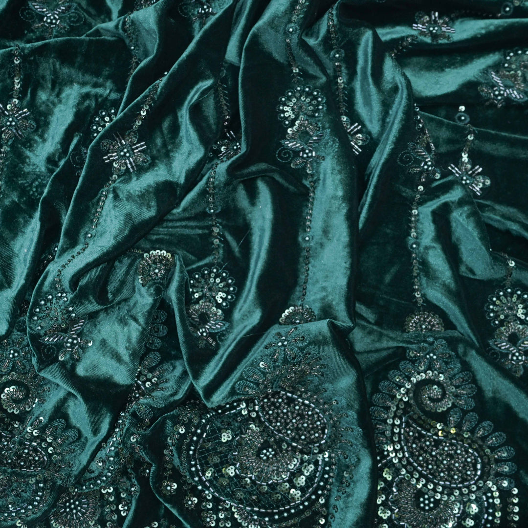 Velvet Dark Green Cutdana Embroidery Fabric..| 1038-885DG