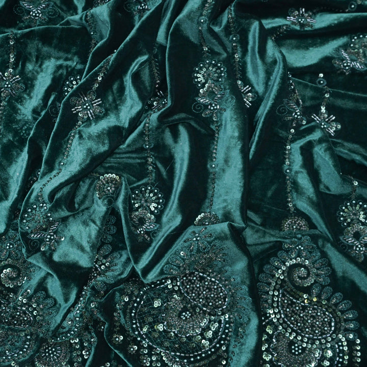 Velvet Dark Green Cutdana Embroidery Fabric..| 1038-885DG