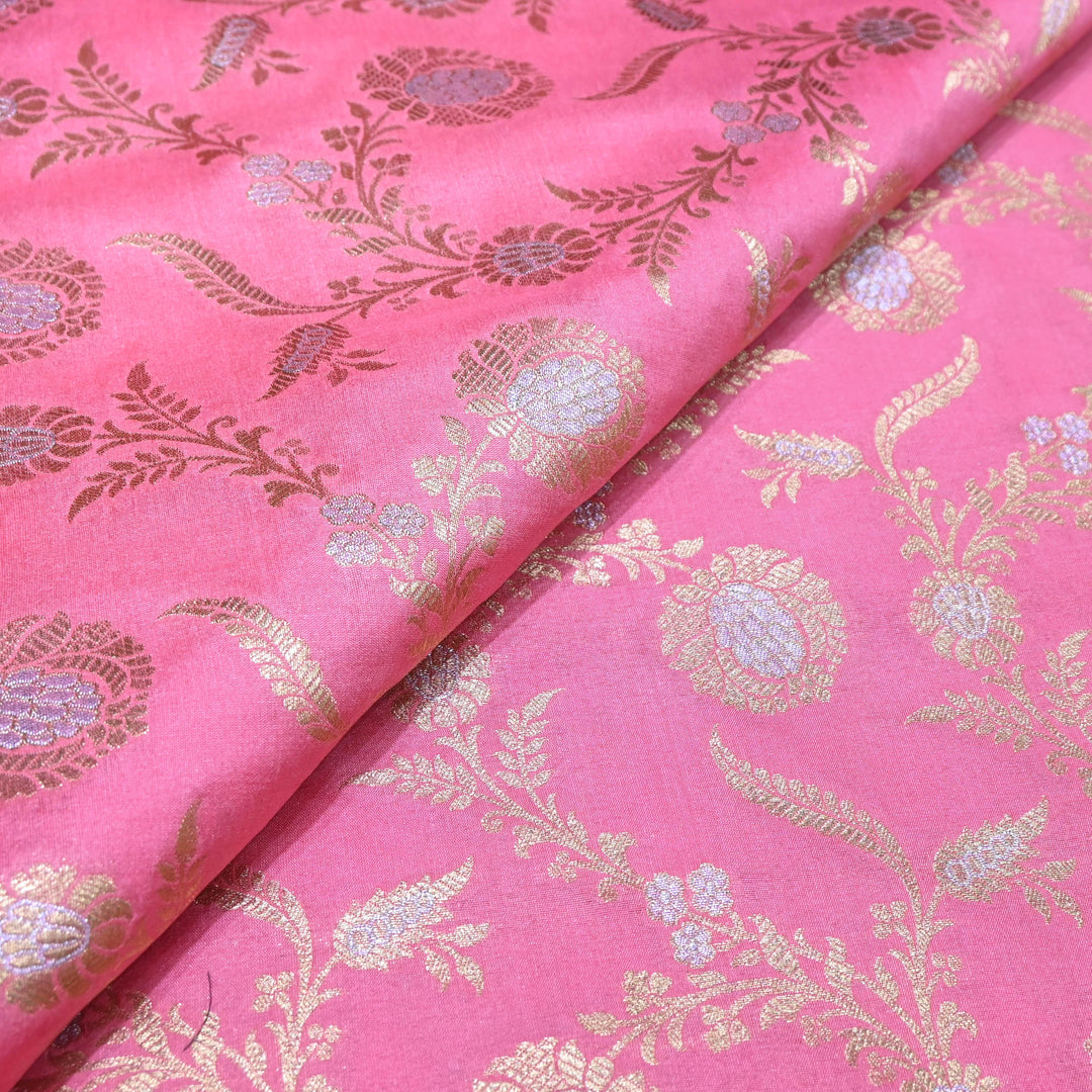 coral Pink & Antique Gold Floral Brocade Fabric.
