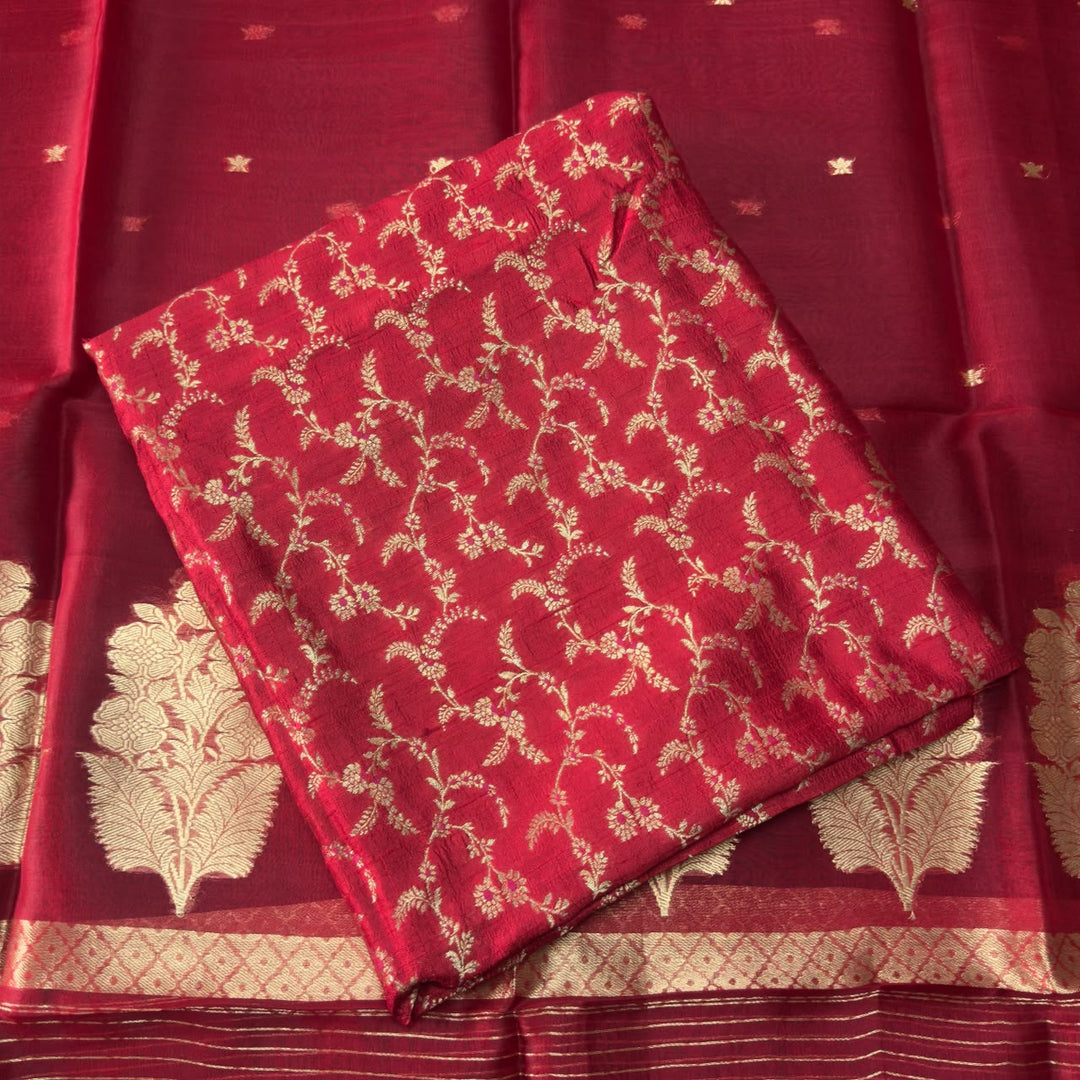 Pure Dupion Silk & Banarasi Mina Zari Unstitched Suit Set | AS0011