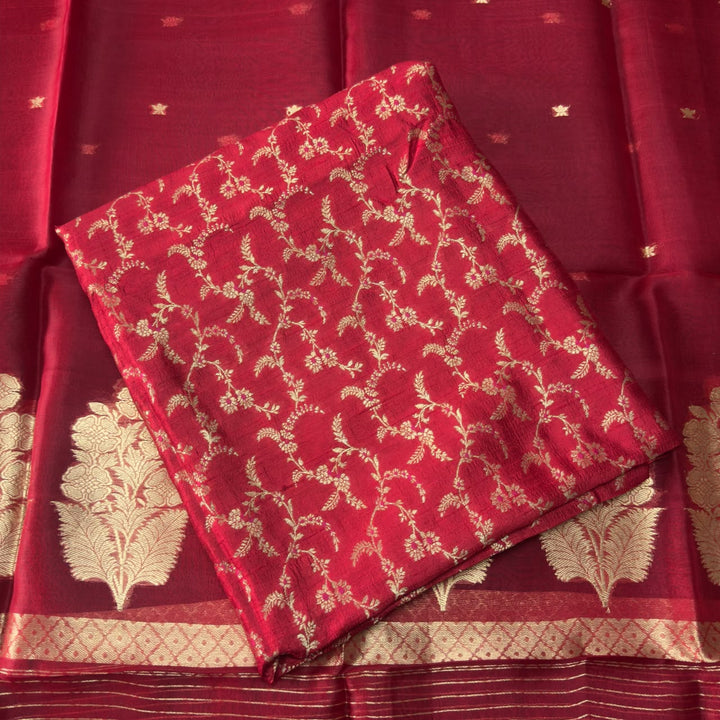 Pure Dupion Silk & Banarasi Mina Zari Unstitched Suit Set | AS0011