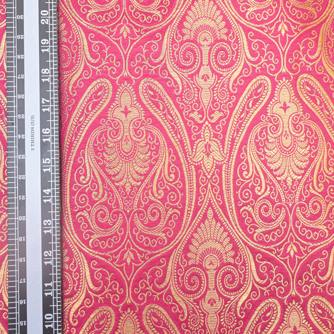 Hot Pink Gold Paisley Brocade Fabric.| 100-23-115