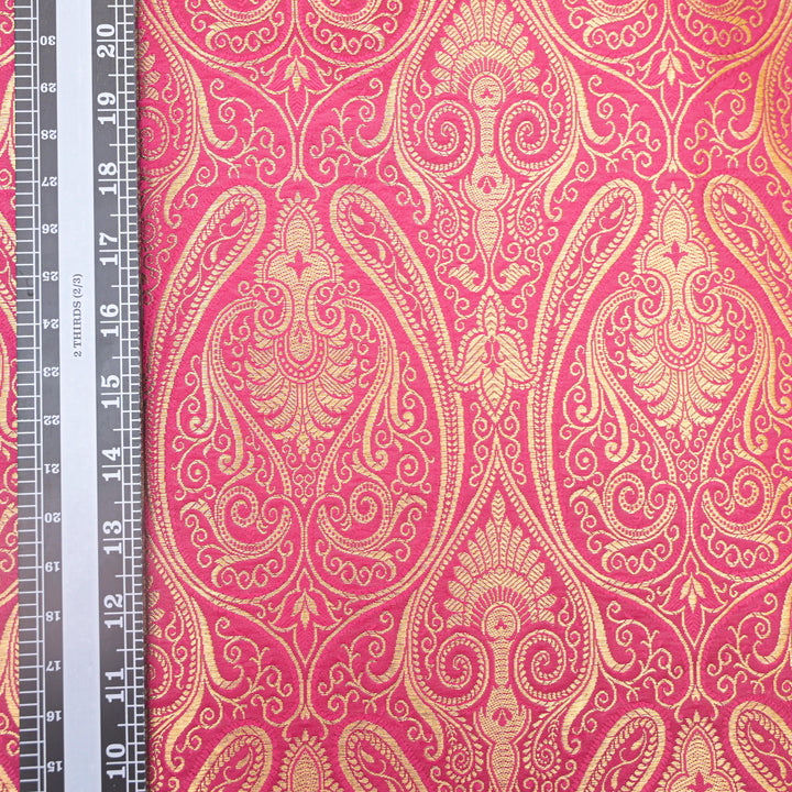 Hot Pink Gold Paisley Brocade Fabric.| 100-23-115